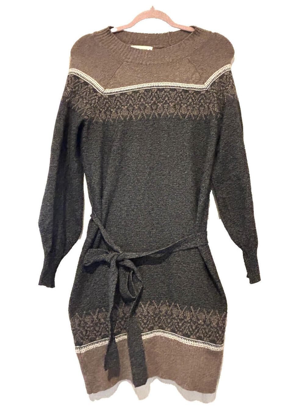 Lucky Brand sz M brown/black long sleeve faire isle sweater dress knee length BB